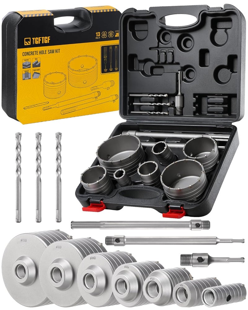 TGFTGF 13PCS Concrete Hole Saw Kit, 30/40/50/65/80/100/110mm Tungsten Carbide Masonry Hole Saw Kit with 300/110mm SDS Plus Bit, 300mm SDS Max Bit Shank Drill Bit Sets for Concrete, Brick,Wall Drilling - Image 1